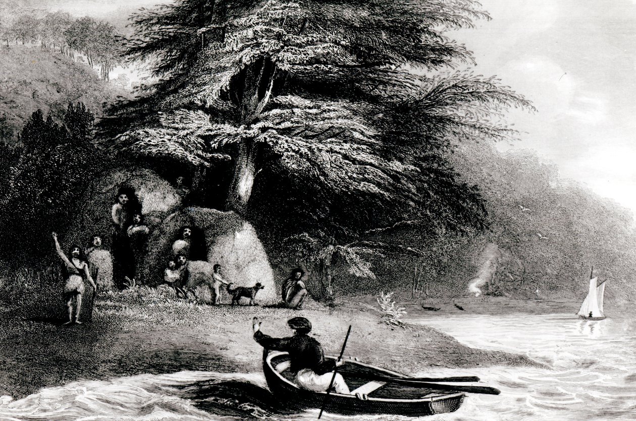 Fuegian Wigwams Hope Harbourin Magdalen Channel -kanavalla, kaivertanut S. Bull, 1838 tekijältä Philip Parker King