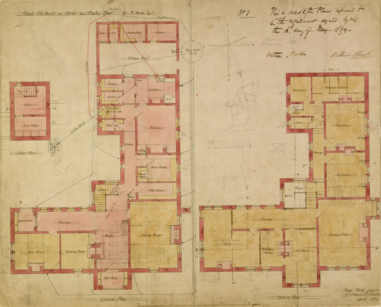 Suunnitelmat Red Houselle, Bexley Heath, 1859 (kynä ja muste ja wc paperilla) tekijältä Philip Webb
