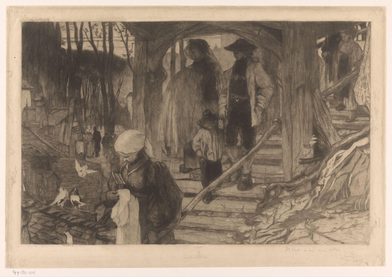 Maanviljelijät kävelevät portaikkoa alas Baptême à Fribourg (alkuperäinen nimi) tekijältä Philip Zilcken (signed by artist)