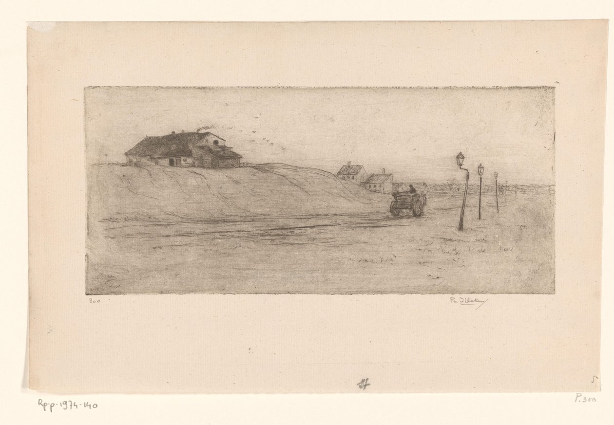 Maisema talojen, lyhtyjen ja vaunujen kanssa Banlieue de Bruxelles (alkuperäinen nimi) tekijältä Philip Zilcken (signed by artist)