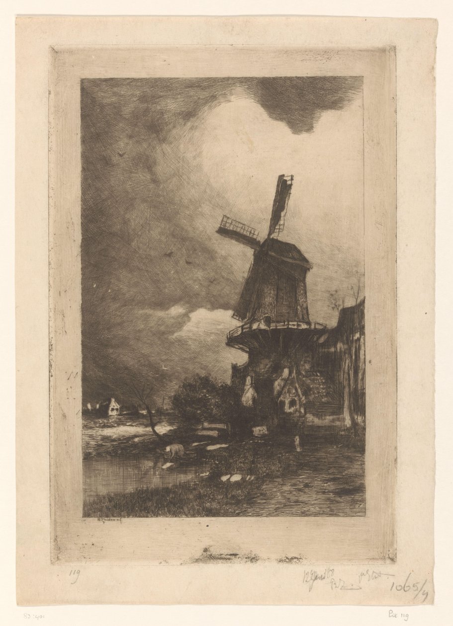 Mylly maisemassa Moulin a vent (alkuperäinen nimi) tekijältä Philip Zilcken (signed by artist)