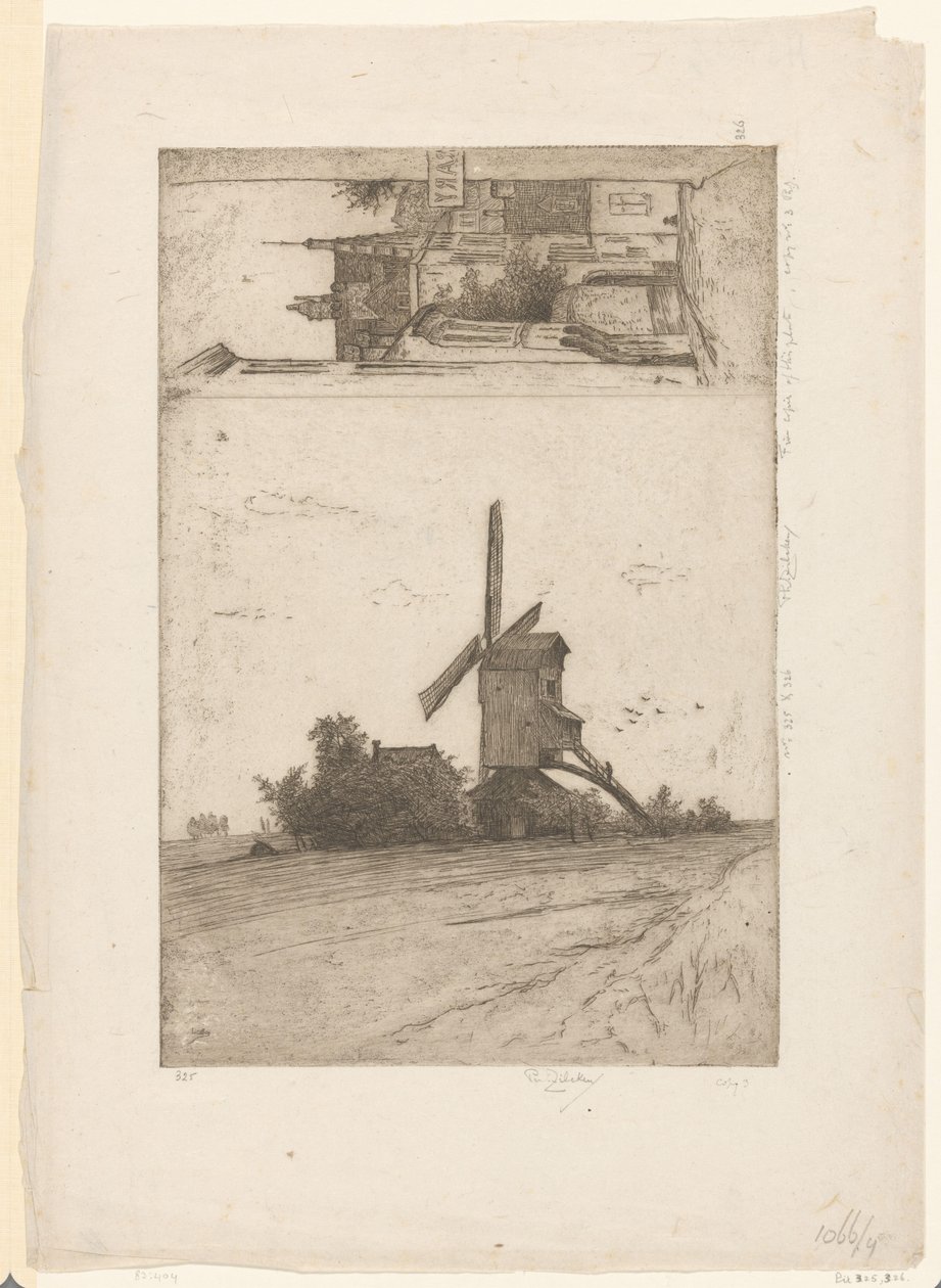 Tuulimylly niittymaisemassa ja näkymä Ravensteinstraatilla Brysselissä Vieux moulin a Laeken / Rue Ravenstein (Bruxelles) (alkuperäinen nimi) tekijältä Philip Zilcken (signed by artist)