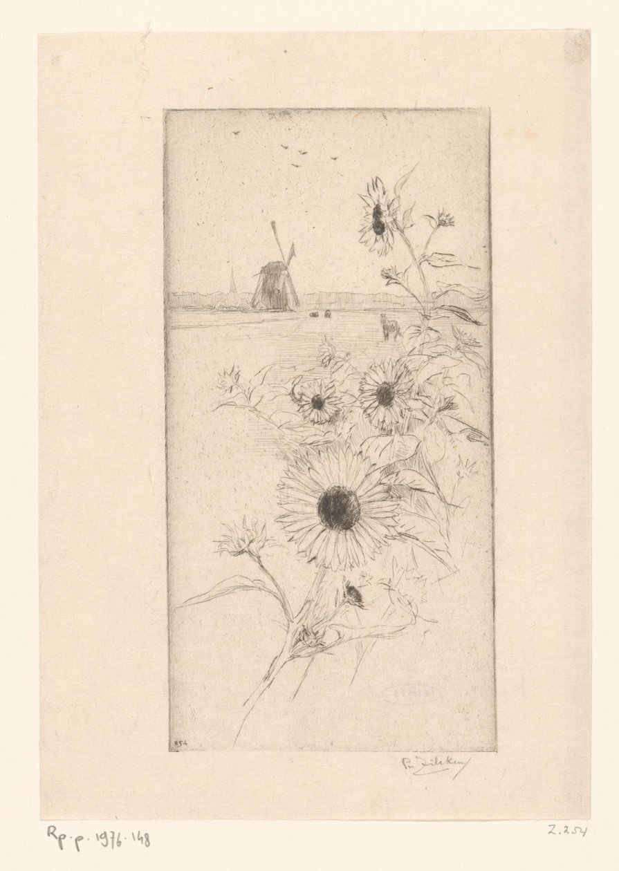 Auringonkukat edessä niittymaisema hevosten ja tuulimyllyn kanssa Eutude de tournesols (alkuperäinen nimi) tekijältä Philip Zilcken (signed by artist)