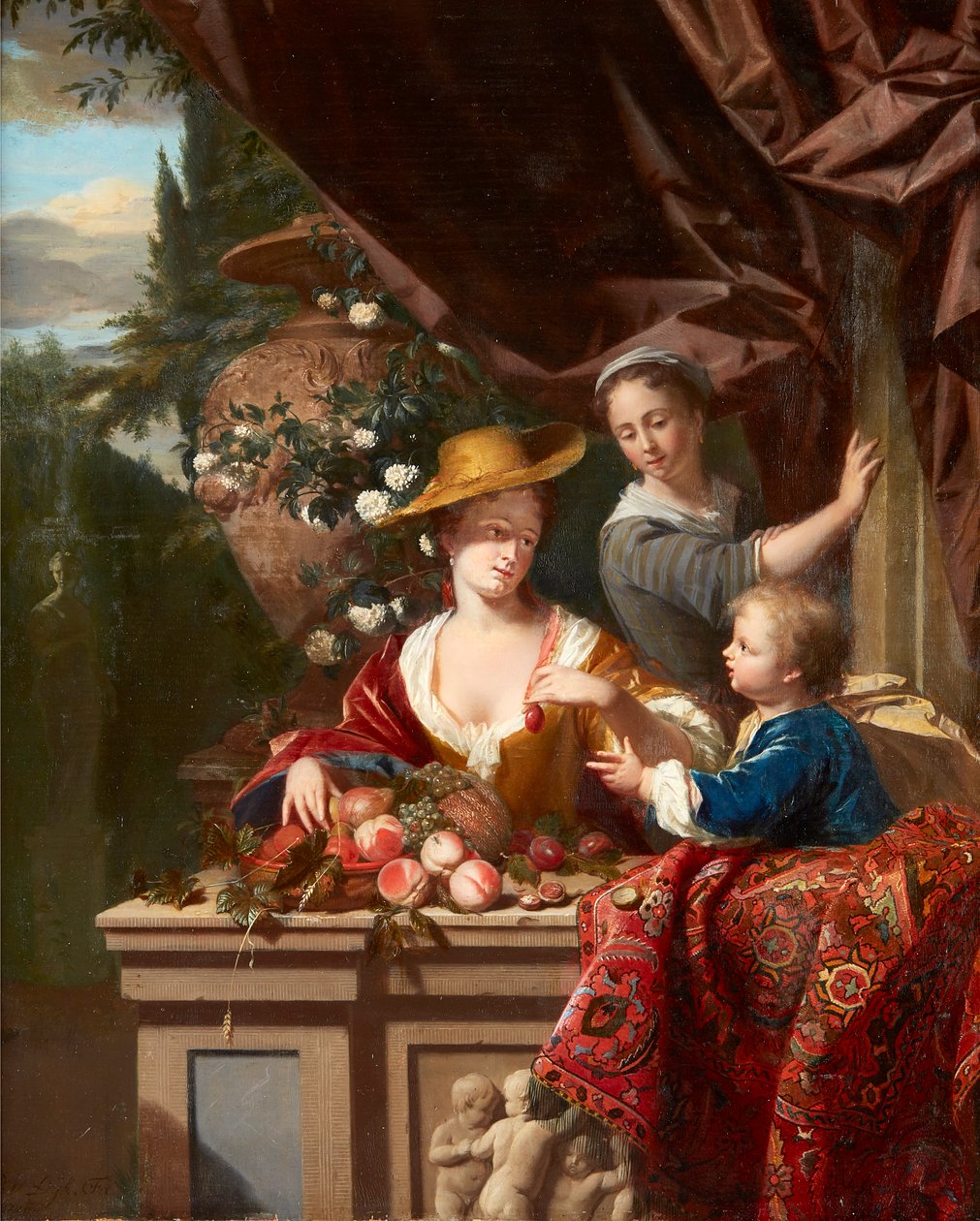 Tyylikkäitä hahmoja terassilla ja kulhossa erilaisia hedelmiä (öljy paneelissa) tekijältä Philip van Dyck
