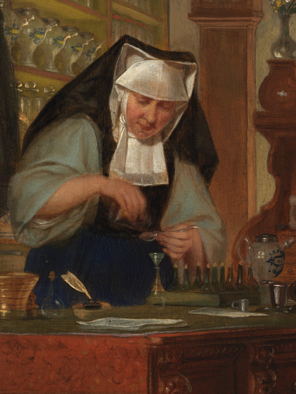 Yksityiskohta Saint-Johnin sairaalan apteekista (öljy paneelissa) tekijältä Philipe Jacques van Bree