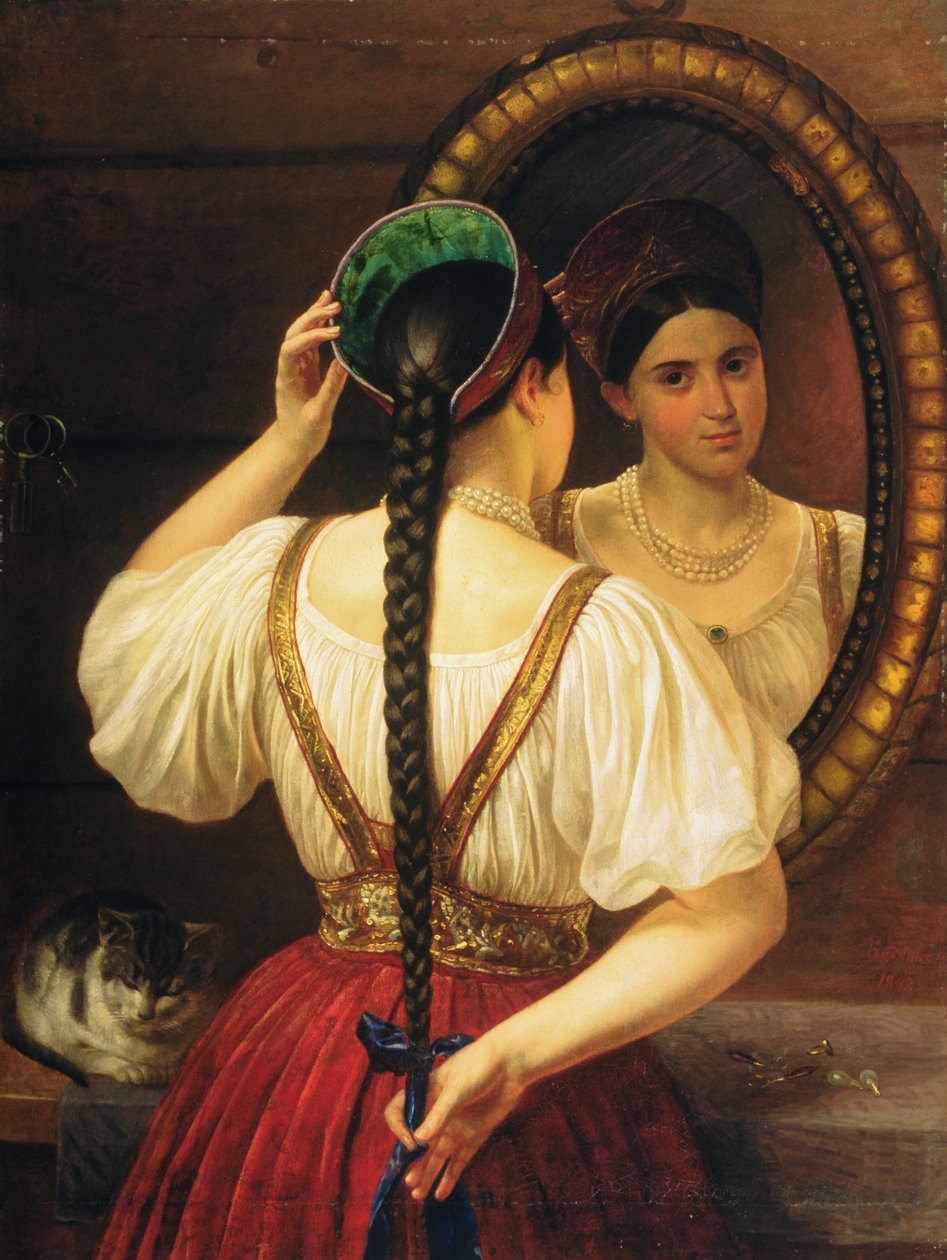 Tyttö peilin ääressä, 1848 tekijältä Philipp Osipovich Budkin