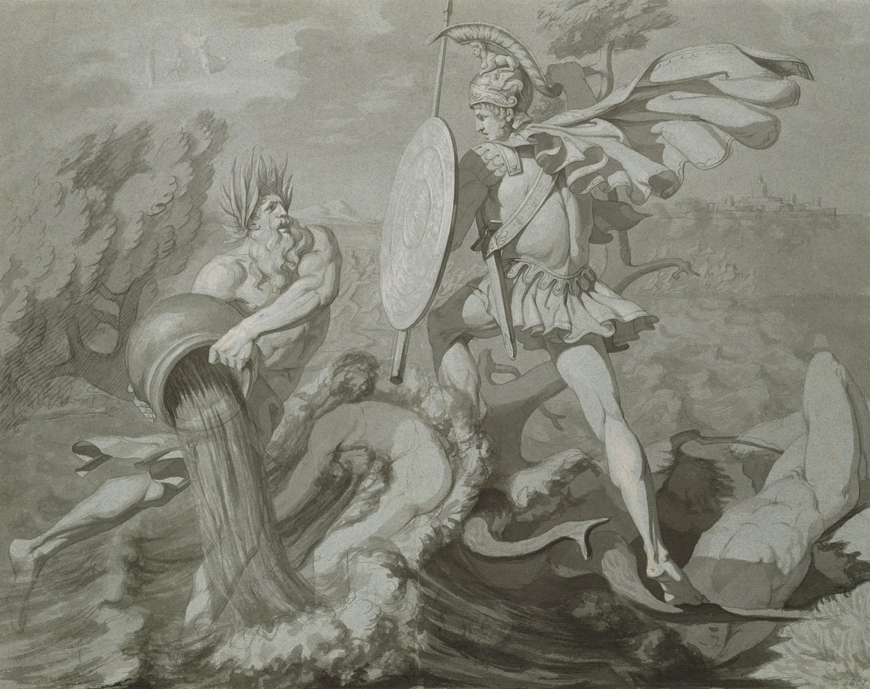 Akhilleuksen taistelu Scamander-joen kanssa (musta ja harmaa pesu paperilla) tekijältä Philipp Otto Runge