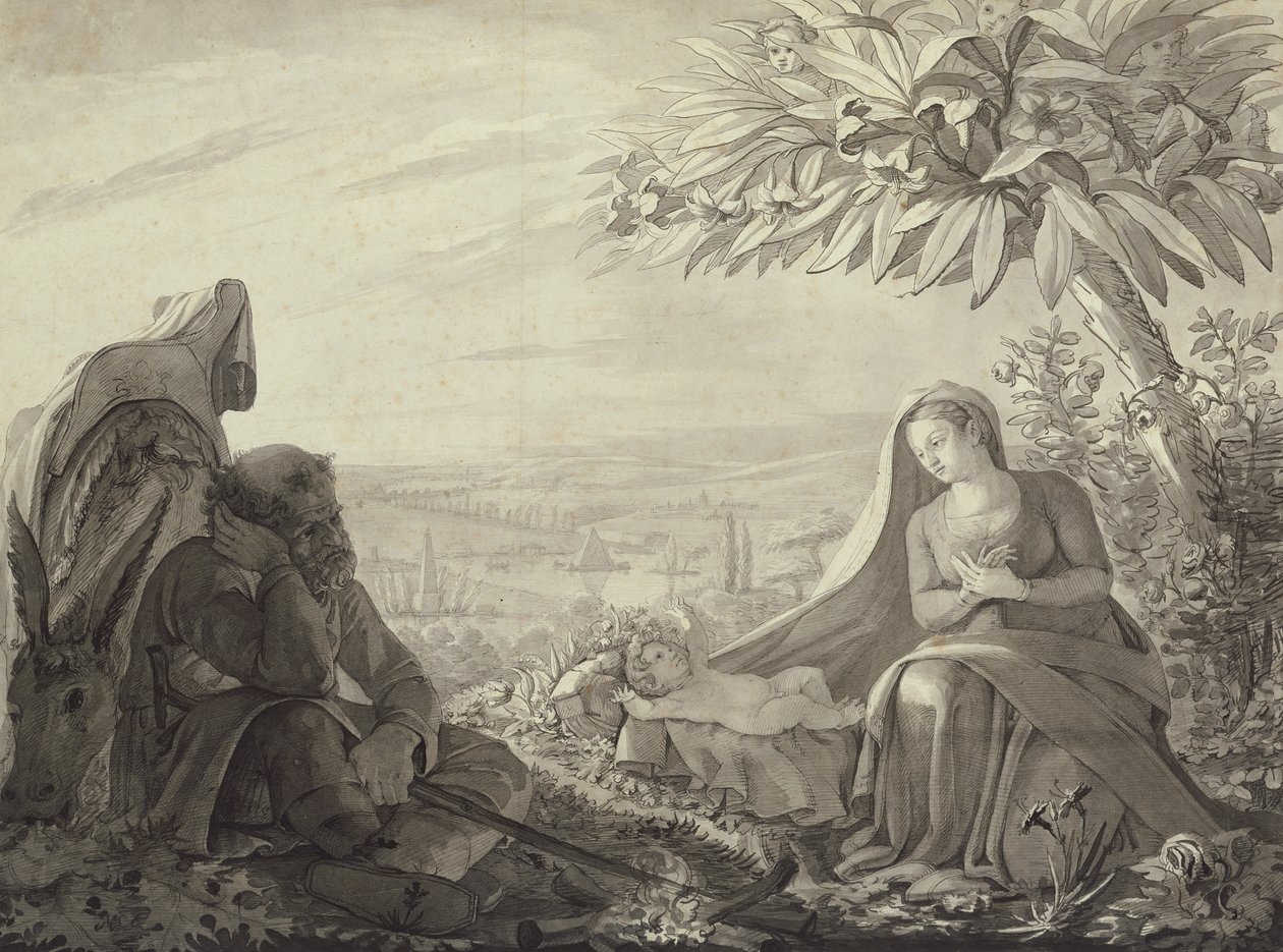 Lepää lennolla Egyptiin, 1805 (kynä ja muste ja pese paperille) tekijältä Philipp Otto Runge