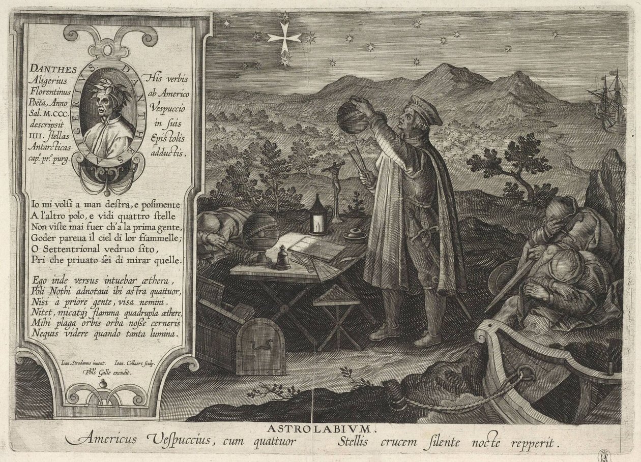 Amerigo Vespucci löytää Eteläisen ristin tähtikuvion Americae Retection astrolabin kanssa, 1591 tekijältä Philipp Galle