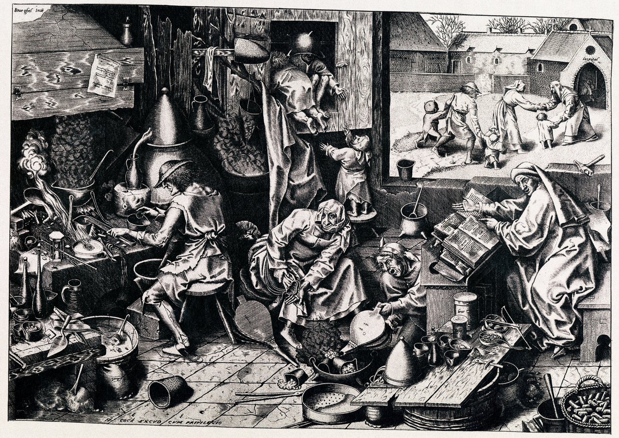 Alkemisti, 1558 tekijältä Philipp Galle