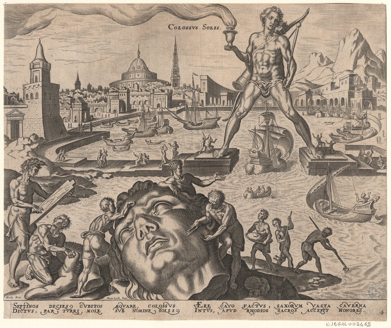 Rodoksen kolossi sarjasta Maailman kahdeksas ihme Maarten van Heemskerckin jälkeen, 1572 tekijältä Philipp Galle