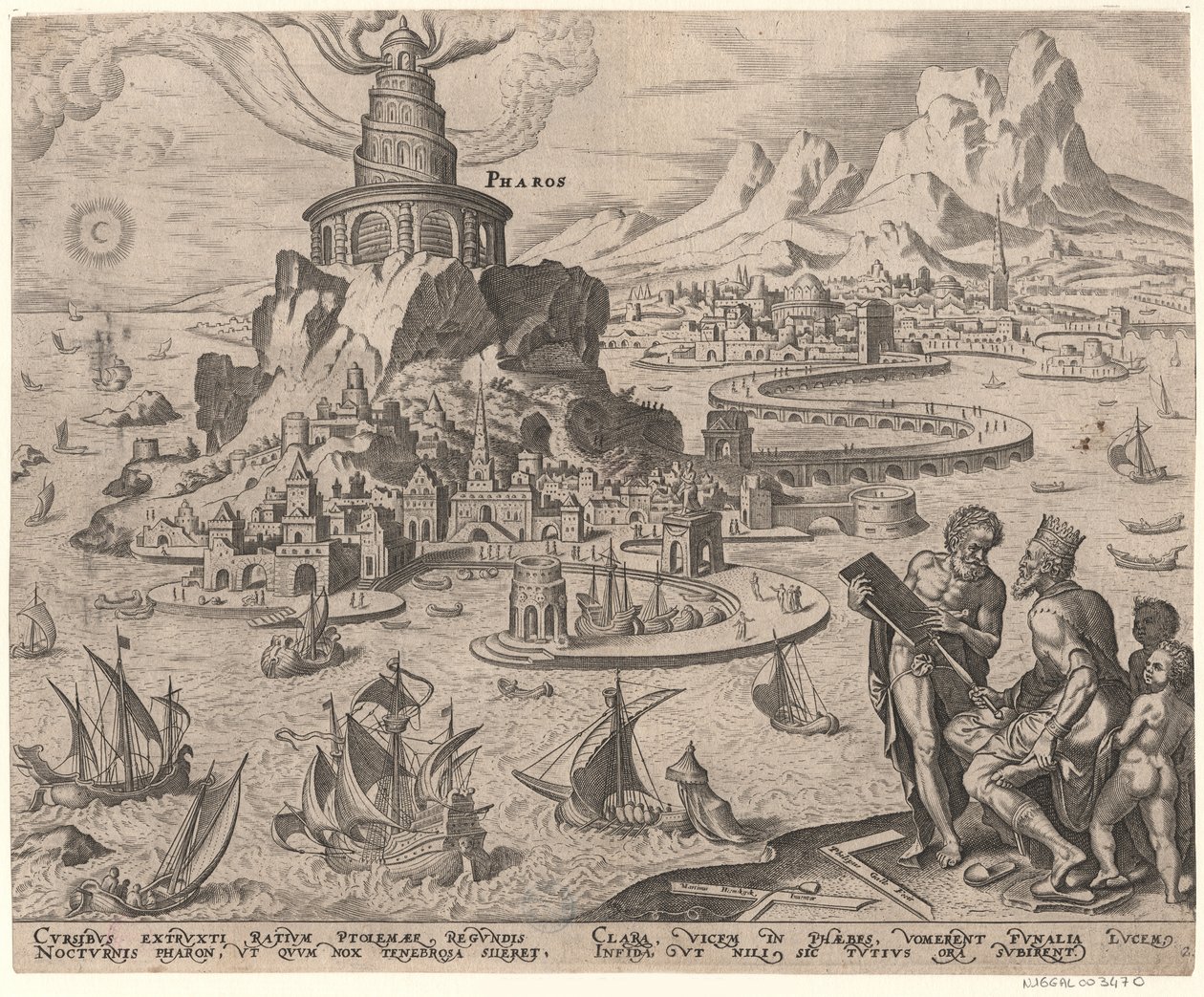 Aleksandrian majakka sarjasta Maailman kahdeksas ihme Maarten van Heemskerckin jälkeen, 1572 tekijältä Philipp Galle