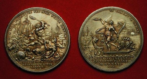 Mitali La Hoguen taistelun muistoksi vuonna 1692 (metalli) (katso myös 144616) tekijältä Philipp Heinrich Mueller