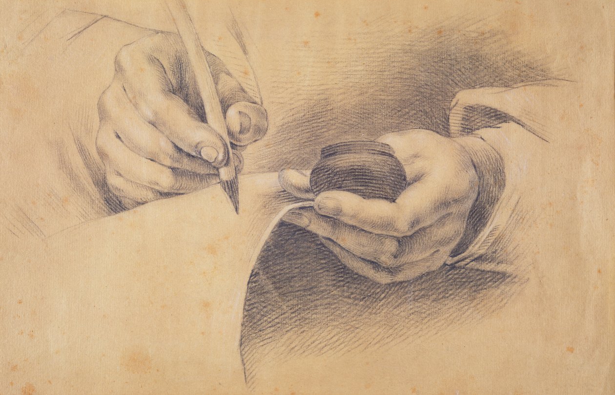 Piirustuskädet, 1798 (musta liitu korotettu valkoisella ruskealle paperille) tekijältä Philipp Otto Runge
