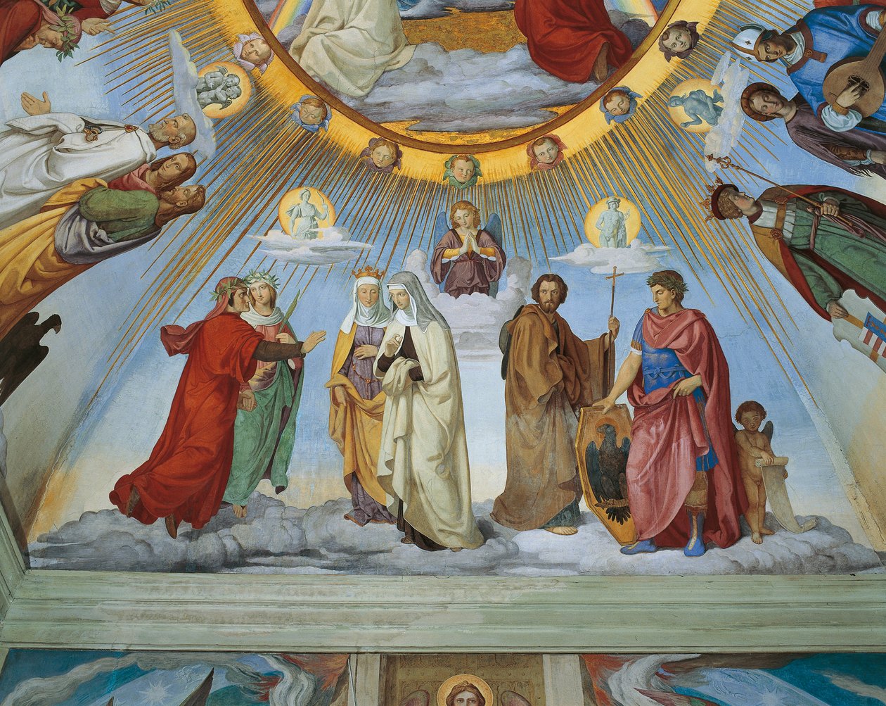 Dante ja Beatrice puhuvat Piccardalle ja Constancelle teoksesta "Autuasten ja empyrean taivaat", Dante Room (fresko) tekijältä Philipp Veit