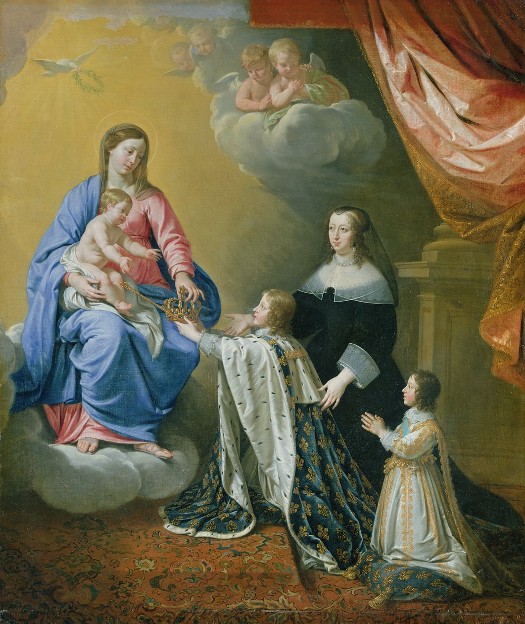 Neitsyt Maria antaa kruunun ja valtikka Ludvig XIV:lle, 1643 tekijältä Philippe de Champaigne