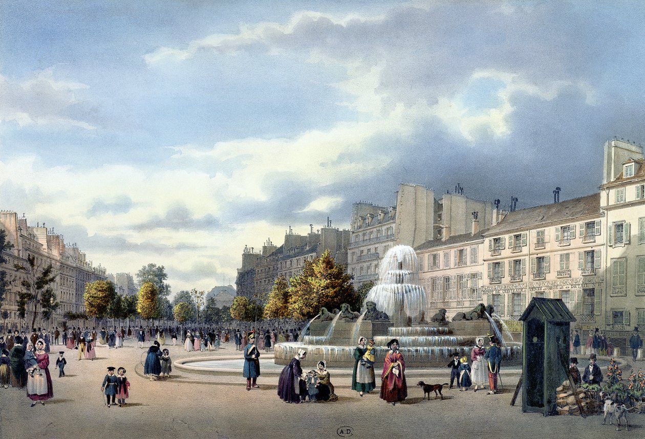 Boulevard St. Martinin suihkulähde, Vue de Parisista, n. 1840 tekijältä Philippe Benoist