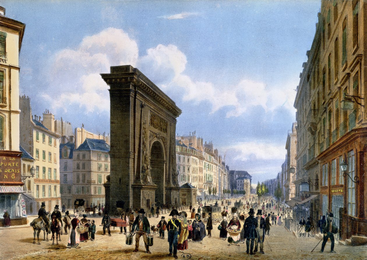 Näkymä Porte St. Denis -kadulle Promenades dans Paris et ses environsista, n. 1840 tekijältä Philippe Benoist