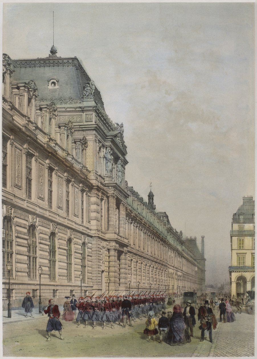 Näkymä Louvren uudesta julkisivusta rue de Rivolilla, kuva Henri Charpentierin julkaisemasta teoksesta "Paris dans sa splendeur", 1861. tekijältä Philippe Benoist