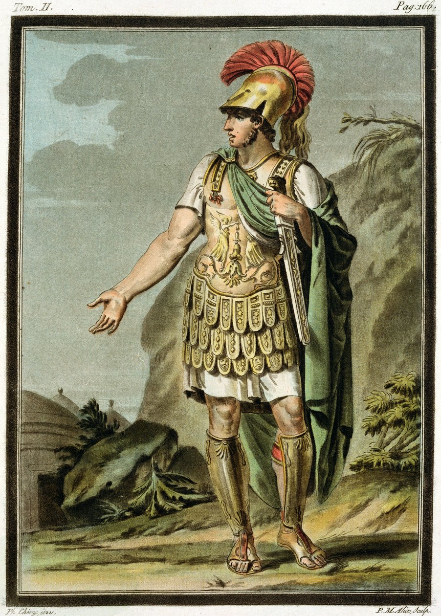 Akhilleus panssaripukussa, puku Jean Racinen teokseen "Iphigenia in Aulis", "Research on the Costumes and Theatre of All Nations" II osasta, kaiverrus Pierre Michel Alix (1762-1817) 1802 (värillinen) tekijältä Philippe Chery