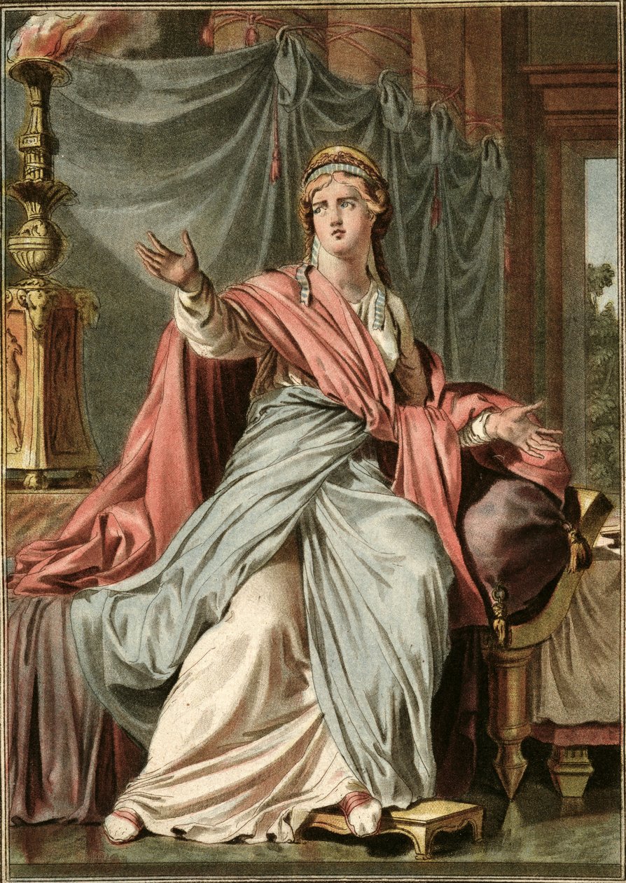 Esther, puku Jean Racinen "Estheriin" julkaisun "Research on the Costumes and Theatre of All Nations" I osasta, kaiverrus Pierre Michel Alix (1762-1817) 1802 tekijältä Philippe Chery