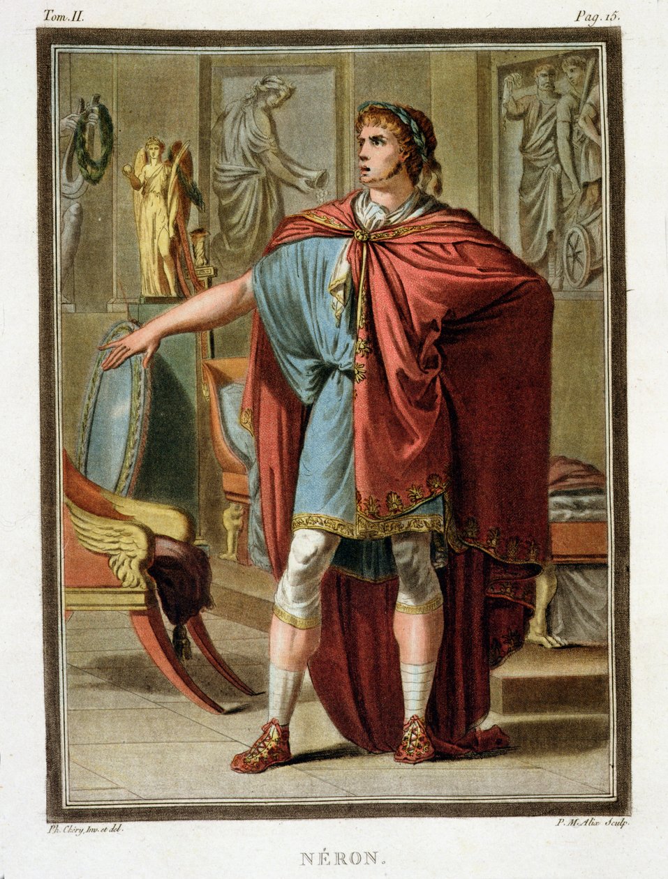 Nero, puku Jean Racinen "Britannicukselle", julkaisun "Research on the Costumes and Theatre of All Nations" II osasta, kaiverrus Pierre Michel Alix (1762-1817) 1802 tekijältä Philippe Chery