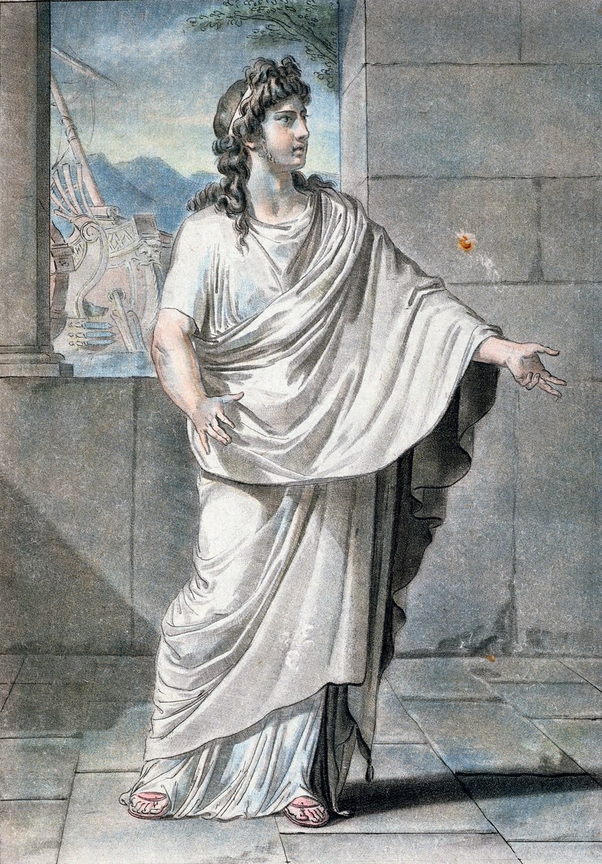 Orestes, Jean Racinen "Andromaquen" puku, teoksesta "Tutkimus kaikkien kansojen puvuista ja teatterista", kaiverrettu Pierre Michel Alixin (1762-1817) toimesta 1802 tekijältä Philippe Chery