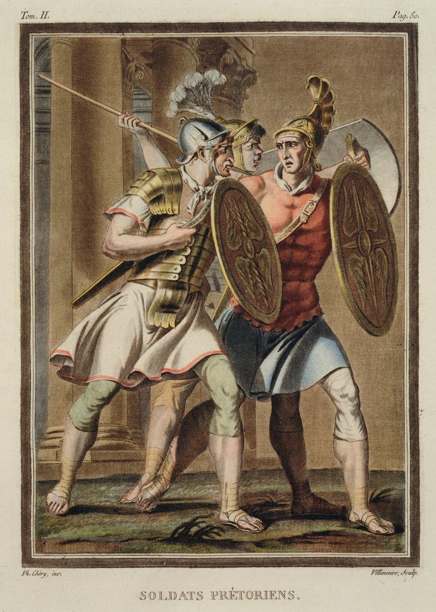 Pretorian Guard:n sotilaat, Jean Racinen "Britannicuksen" puvut julkaisun "Research on the Costumes and Theatre of All Nations" II osasta, kaiverrus Villeneuve, 1802 tekijältä Philippe Chery