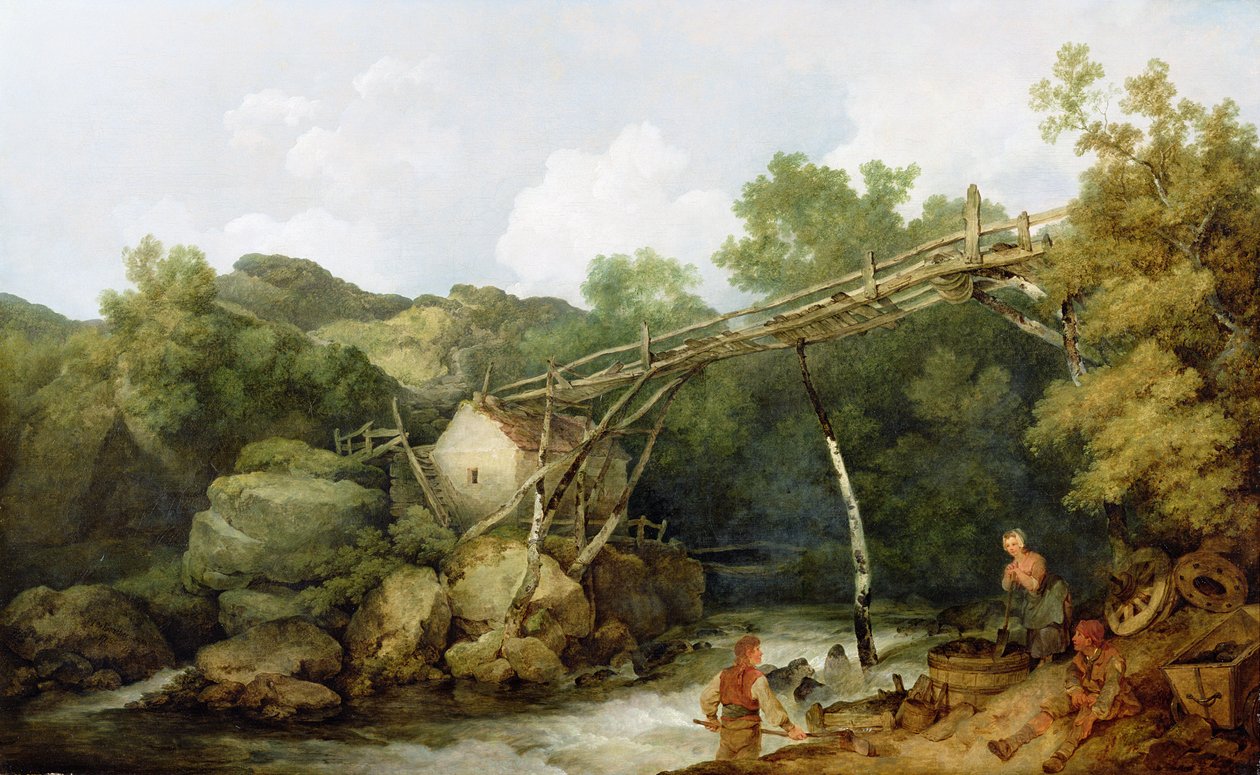 Näkymä lähellä Matlockia, Derbyshire, jossa hahmot työskentelevät puisen kuljettimen alla, 1785 tekijältä Philippe Jacques de Loutherbourg