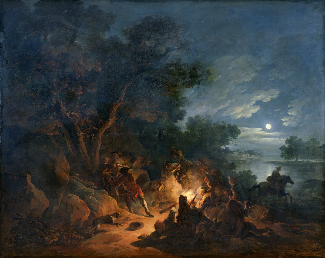 Ryöstöjen hyökkäys yöllä, n. 1770 tekijältä Philippe Jacques de Loutherbourg