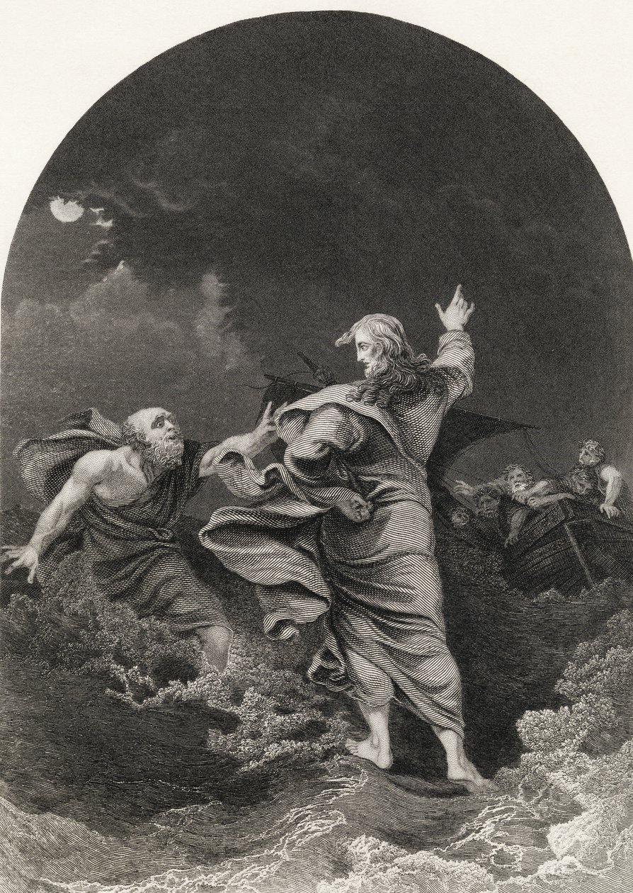 Kristus kävelemässä merellä, S. Allenin kaiverrus, "The National Illustrated Family Bible", julkaistu noin 1870 tekijältä Philippe Jacques de Loutherbourg