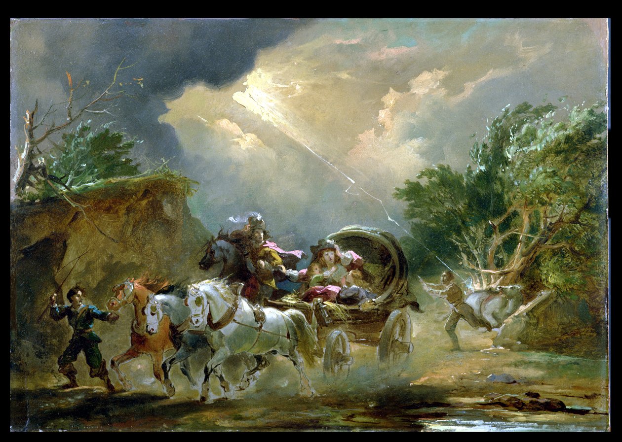Valmentaja ukkosmyrskyssä, 1790-luku (öljy myllylaudalle) tekijältä Philippe Jacques de Loutherbourg