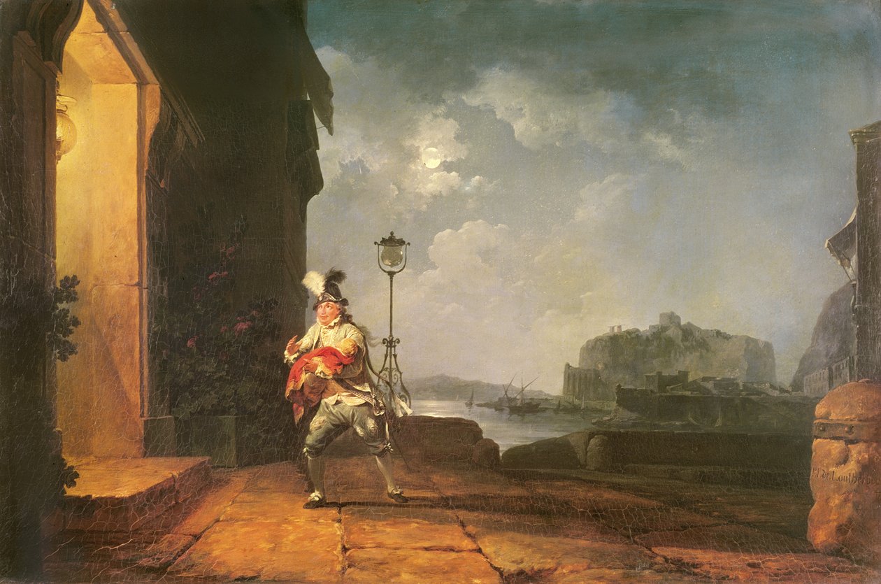 David Garrick Don Johnina Beaumontin ja Fletcherin The Chances -sovituksessa, näytös 1, kohtaus 2, n. 1774 (öljy) tekijältä Philippe Jacques de Loutherbourg