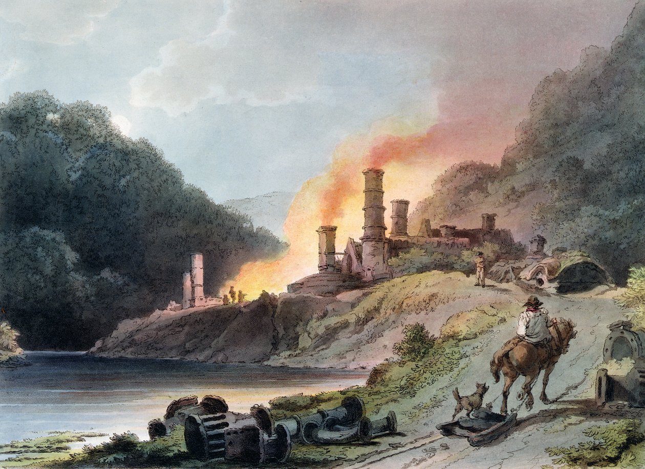 Iron Works, Coalbrookdale, kaiverrus William Pickett, n. 1805 (värillinen akvatinta) tekijältä Philippe Jacques de Loutherbourg