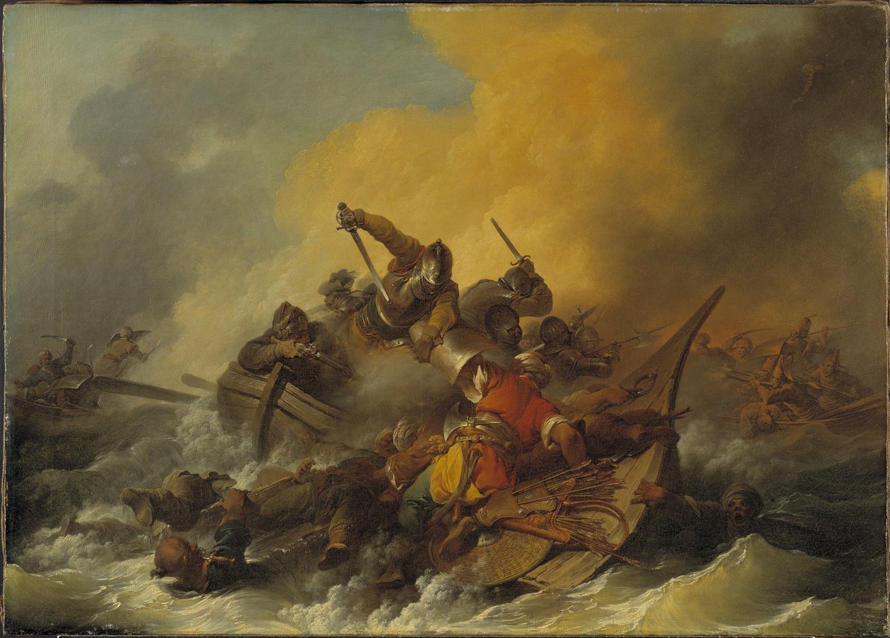 Taistelu merellä sotilaiden ja itämaisten merirosvojen välillä, 1767 tekijältä Philippe Jacques de Loutherbourg