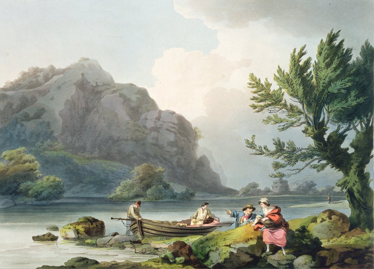 Lake of Wyndermere, Englannin ja Walesin romanttisista ja maalauksellisista maisemista, julkaistu 1805 (värikaiverrus) tekijältä Philippe Jacques de Loutherbourg