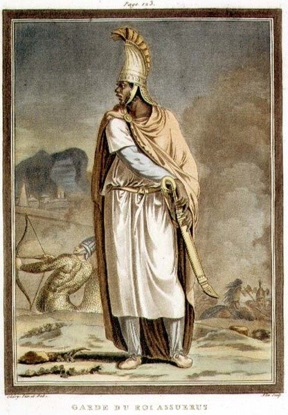 Kuningas Ahasveruksen vartija, puku Jean Racinen "Estherille", julkaisun "Kaikkien kansojen pukuja ja teatteria" I osasta, kaiverrus Pierre Michel Alix (1762-1817) 1802 (värikaiverrus) tekijältä Philippe (after) Chery