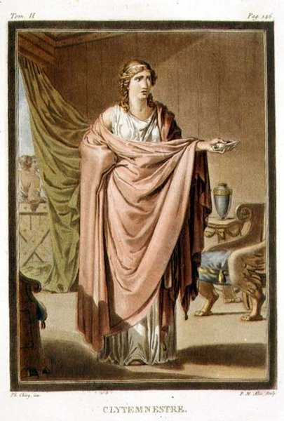 Clytemnestra, puku Jean Racinen teokseen "Iphigenia in Aulis", "Research on the Costumes and Theatre of All Nations" II osasta, kaiverrus Pierre Michel Alix (1762-1817) 1802 (värinen kaiverrus) tekijältä Philippe (after) Chery