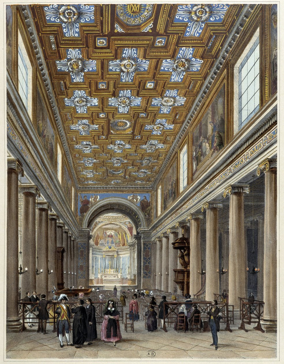 Notre-Dame de Lorette -kirkon sisätilat - "" Promenade dans Paris et ses environs" -piirrokset, Jacottet ja Benoist, toim. Gihaut Brothers tekijältä Philippe Benoist