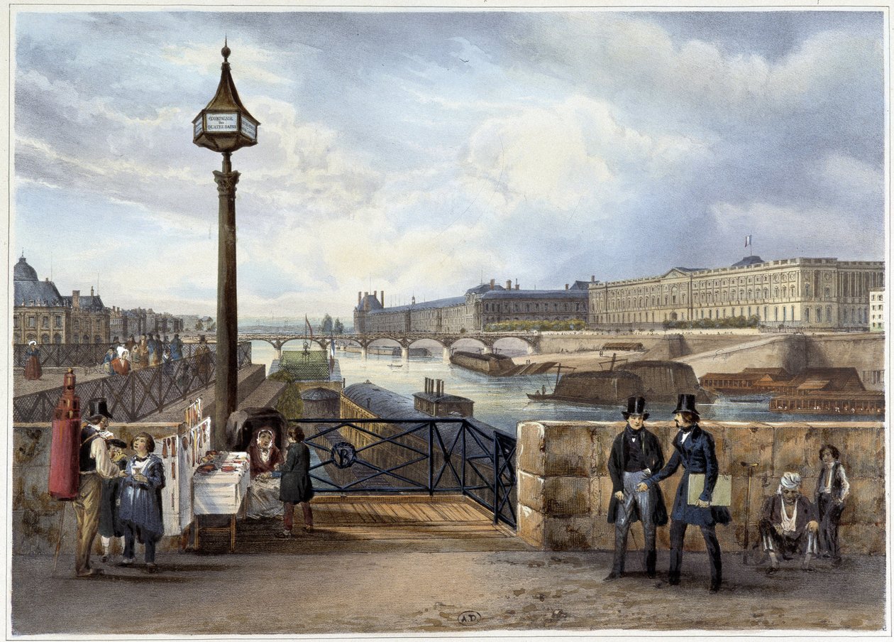 Louvre, joka on otettu Pont Neufista - "" Promenade dans Paris et ses environsissa", suunnittelija Jacottet ja Benoist, n. 1840 tekijältä Philippe Benoist