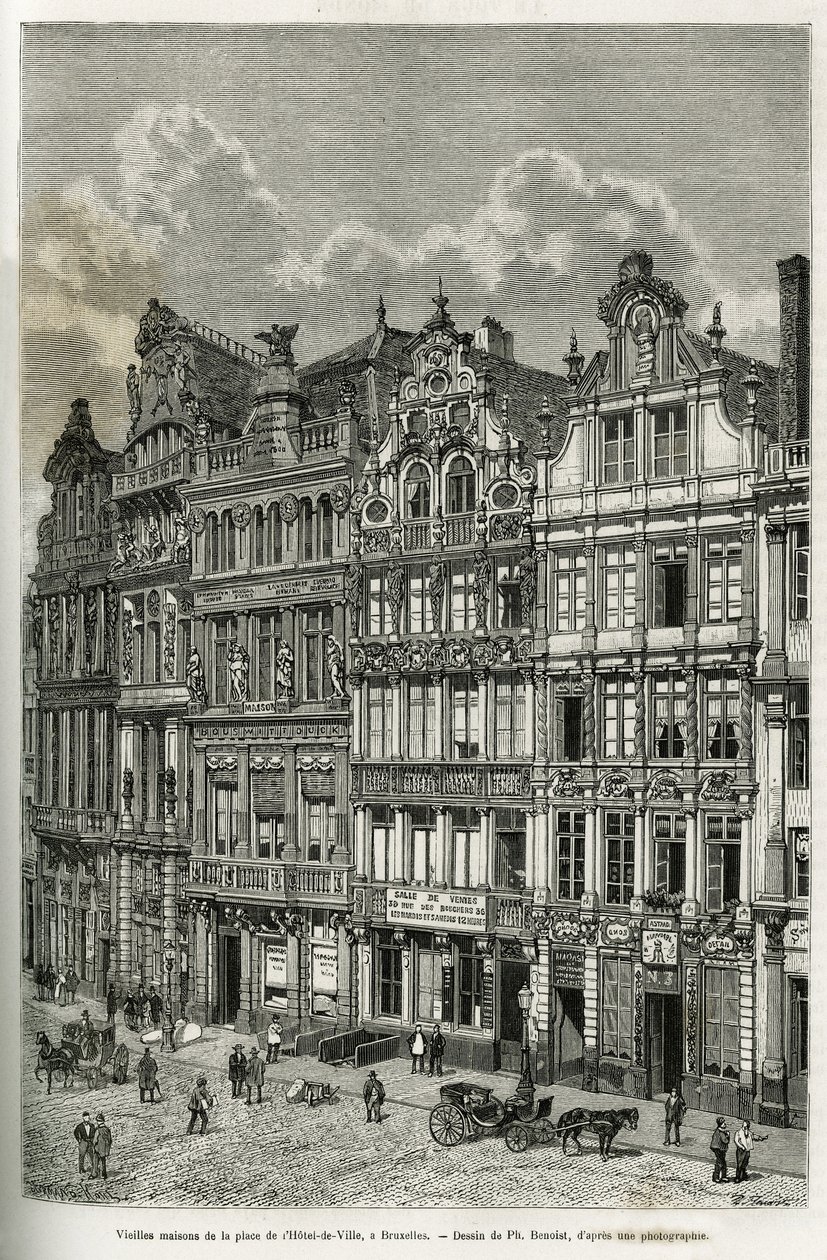 Vanhoja taloja kaupungintalon aukiolla Brysselissä. Kaiverrus Ph. Benoist, havainnollistaa Belgian tarinaa Camille Lemonnierin, julkaistu tour du monde, Edouard Chartonin (1807-1890) johdolla, Pariisi tekijältä Philippe Benoist