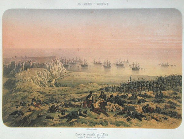 Taistelukenttä Almassa voiton jälkeen, 20. syyskuuta 1854 (värilitho) tekijältä Philippe Benoist
