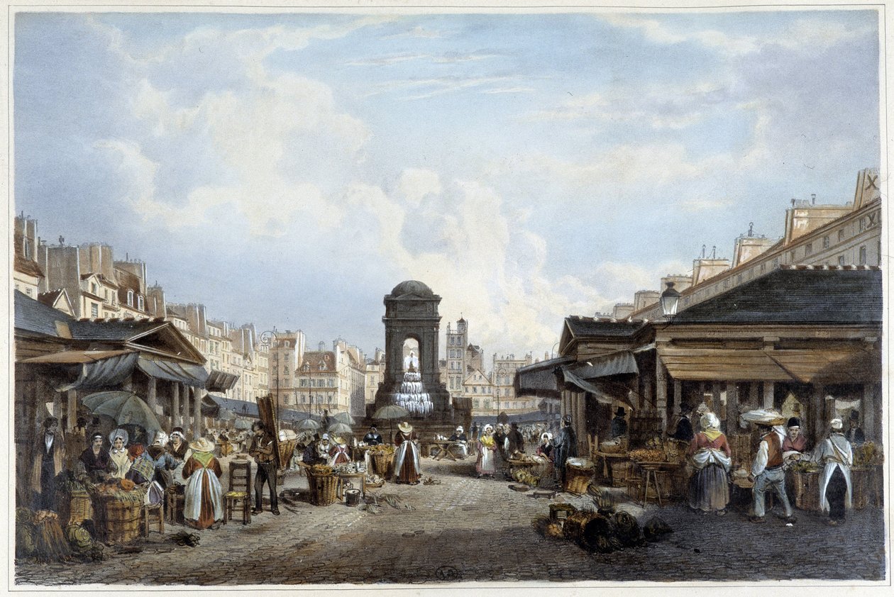 Kävely viattomien suihkulähteen ympärillä, n. 1840 - in "" Promenade dans Paris et ses environs"", ill. kirjoittanut Jacottet ja Benoist, Paris, v.1840 tekijältä Philippe Benoist