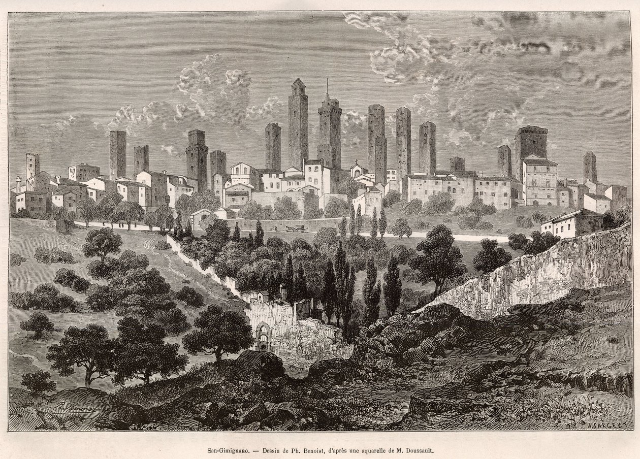 Näkymä San Gimignanoon (Toscana, Italia). Kaiverrus Ph. Benoistin piirustuksen jälkeen havainnollistamaan matkaa Toscanaan ja Umbriaan, Francis Wey, vuonna 1875, julkaistu "" Le tour du monde"" 1876, toimittanut Edouard Charton, Hachette painos, Pariisi. S tekijältä Philippe Benoist