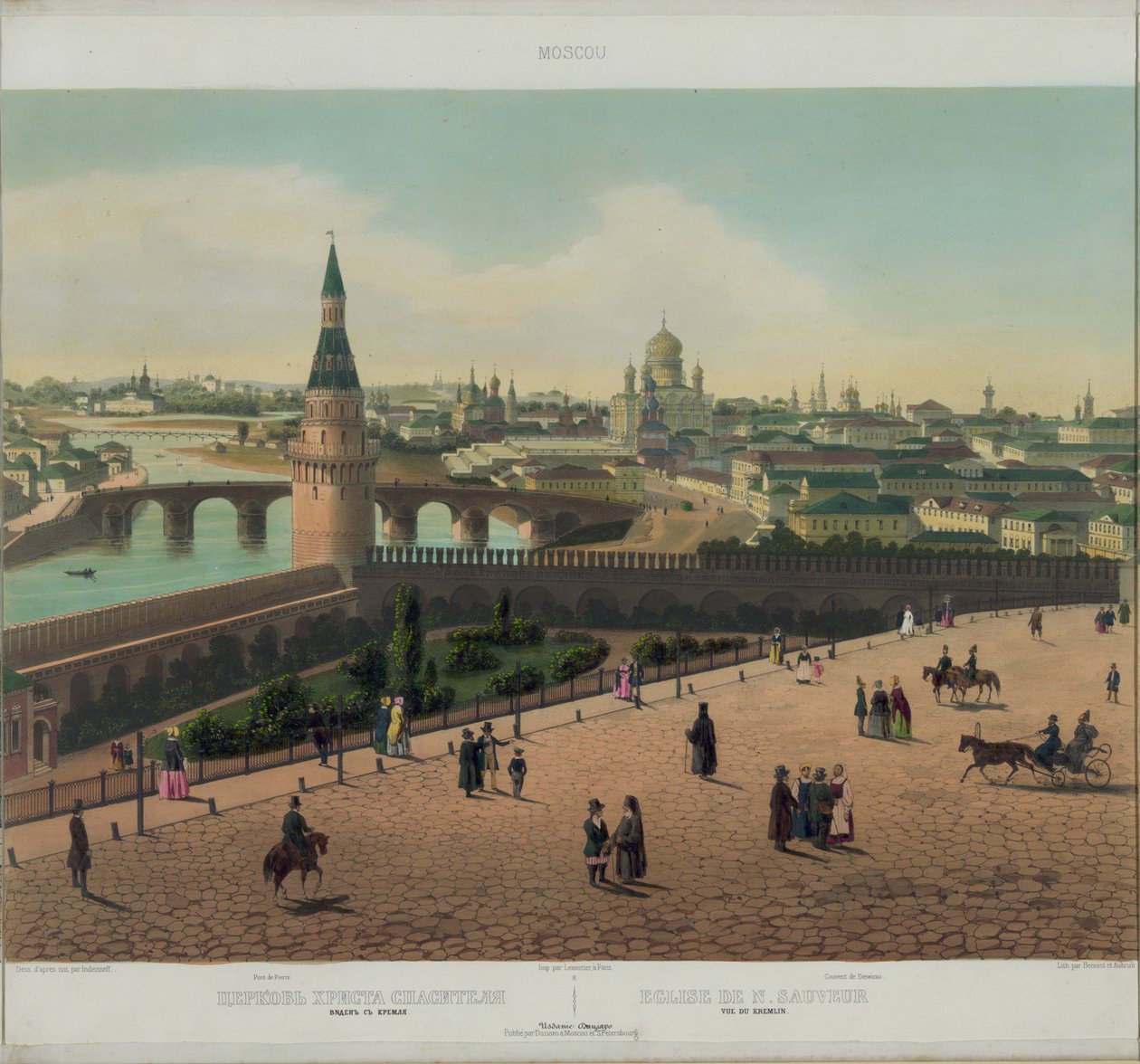 Näkymä Vapahtajan Kristuksen katedraalista ja Moskovan Kremlistä Moskovan panoraamanäkymästä 10 osassa, n. 1848 tekijältä Philippe Benoist