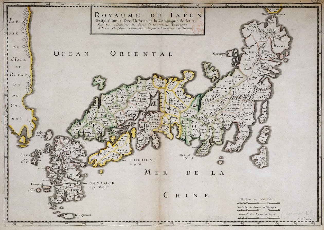 Japanin maantieteellinen kartta, jonka teki isä Philippe Briet, jesuiitta ja ranskalainen tutkija (1601-1668). Pariisi, NL tekijältä Philippe Briet
