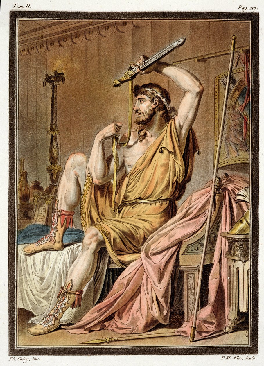 Agamemnon, puku Jean Racinen teokseen "Iphigenia in Aulis", "Research on the Costumes and Theatre of All Nations" II osasta, kaiverrus Pierre Michel Alix (1762-1817) 1802 (värillinen kaiverrus) tekijältä Philippe Chery