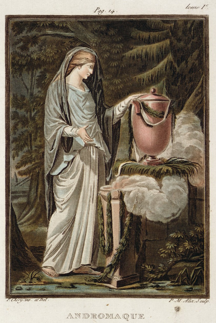 Andromache, puku Jean Racinen Andromacheen, julkaisun "Research on the Costumes and Theatre of All Nations" osasta I, kaiverrus Pierre Michel Alix (1762-1817) 1802 tekijältä Philippe Chery