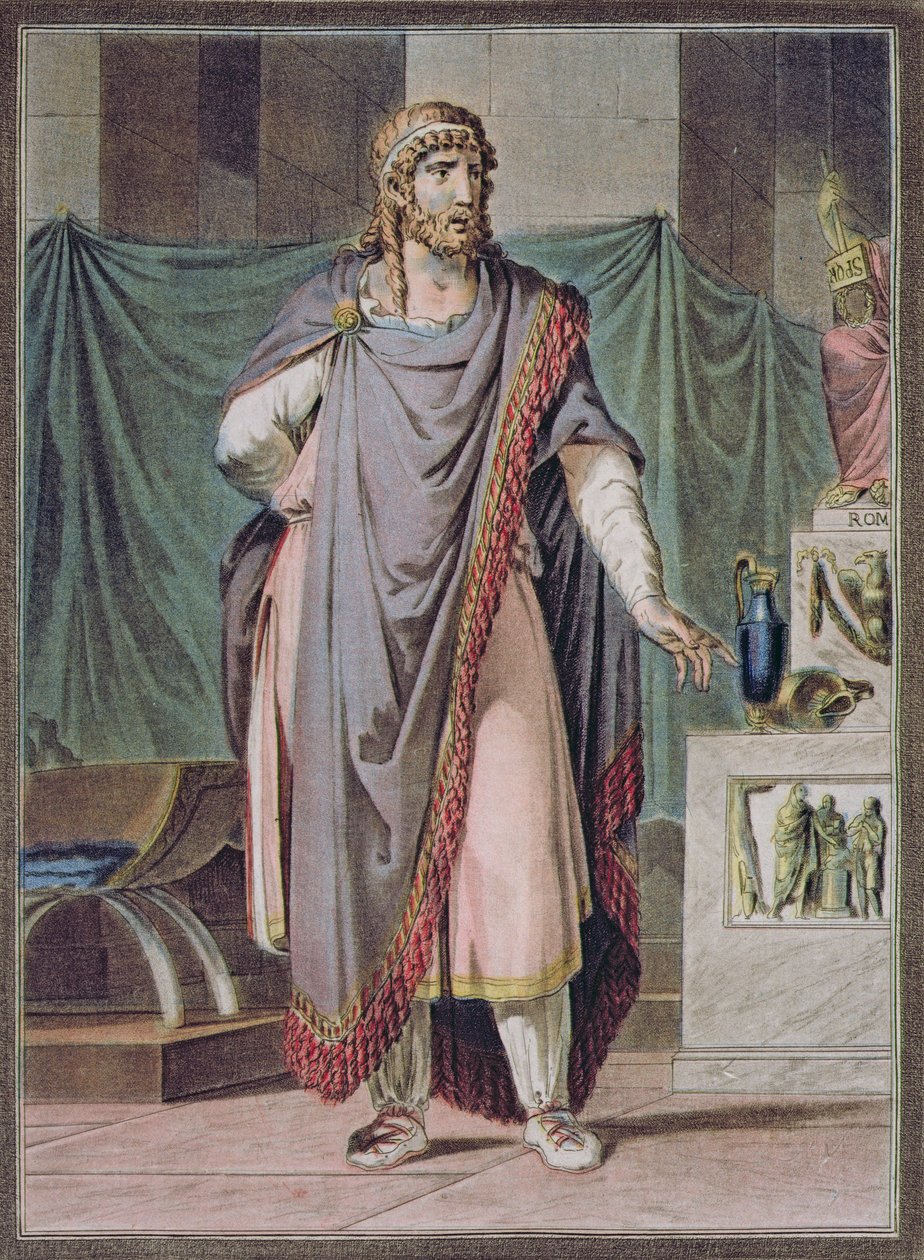Antiochus, puku Jean Racinen "Bereniceen" julkaisun "Research on the Costumes and Theatre of All Nations" II osasta, kaiverrus Pierre Michel Alix (1762-1817) 1802 tekijältä Philippe Chery