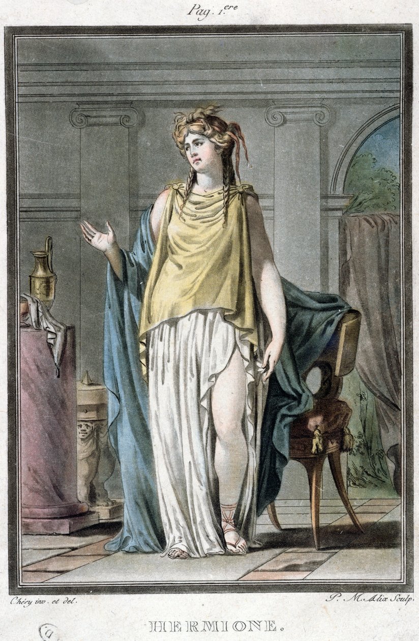 Hermione, Jean Racinen "Andromaquen" puku, teoksesta "Tutkimus kaikkien kansojen puvuista ja teatterista", kaiverrettu Pierre Michel Alixin (1762-1817) toimesta 1802 tekijältä Philippe Chery